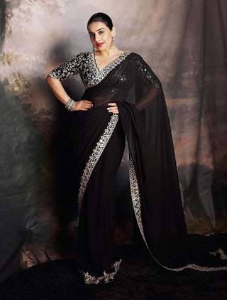 Meili Black Sari And Blouse by Gopi Vaid available on Indiaspopup