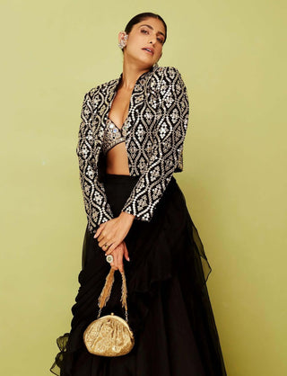 Gandhara Black Skirt And Jacket Set by Gopi Vaid available on Indiaspopup