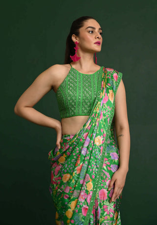 Chamee And Palak-Green Zahra Pleated Sari And Blouse-INDIASPOPUP.COM
