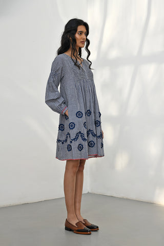 Demian navy smocked embroidered dress