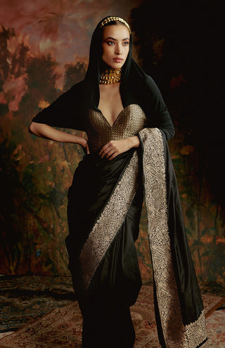 Ekaya-Black Silk Sari And Unstitched Blouse-INDIASPOPUP.COM