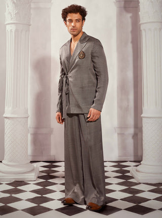 Gray print silk satin tieup blazer and pant