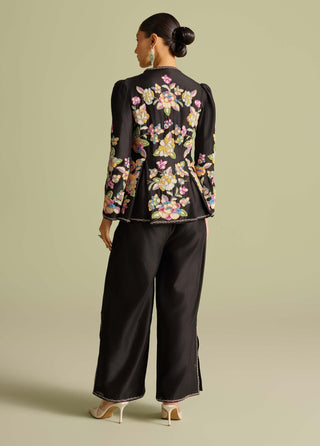 Black beadwork pleated peplum jacket and pants