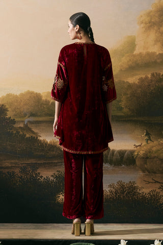 Cherry red velvet short kurta set