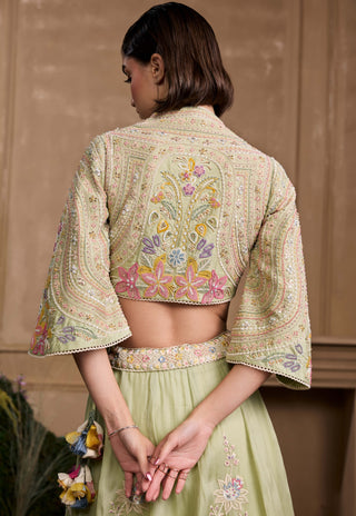 Mint green contrast embroidered bolero jacket and lehenga