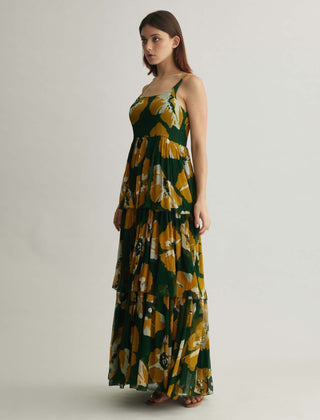 Green and mustard floral sleeveless long dress