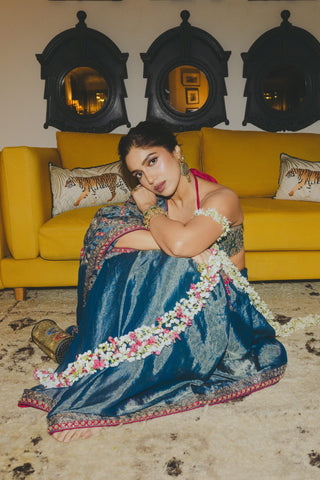 Teal chandi tilla tissue sari set