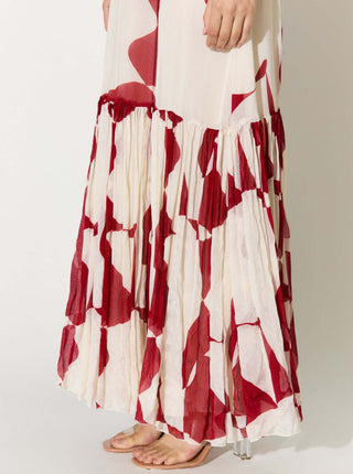 White and red abstract sleeveless long dress