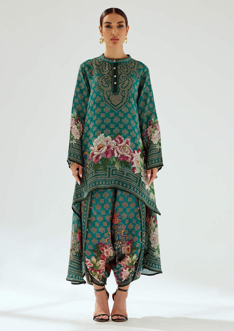 Rajdeep Ranawat-Aafreen Teal Flared Tunic-INDIASPOPUP.COM