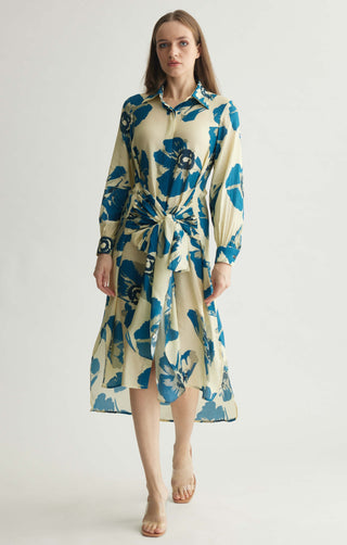 White Blue Floral Wrap Shirt Dress by Koai available on Indiaspopup