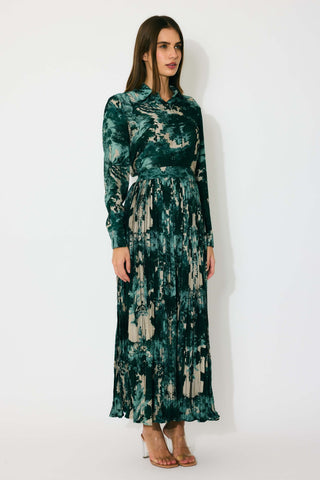 Dark green toil print crinkled skirt and shirt