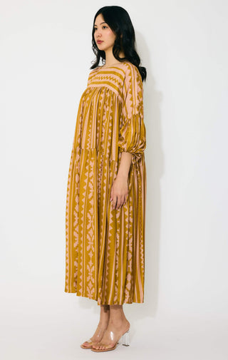 Mustard and peach pattern midi dress