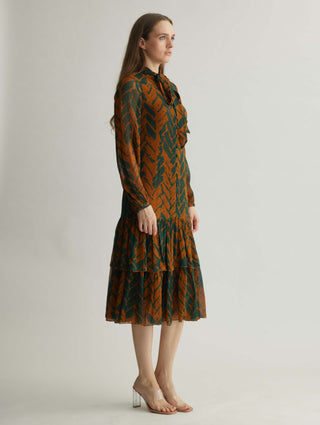 Rust And Green Chevron Print Midi Dress by Koai available on Indiaspopup