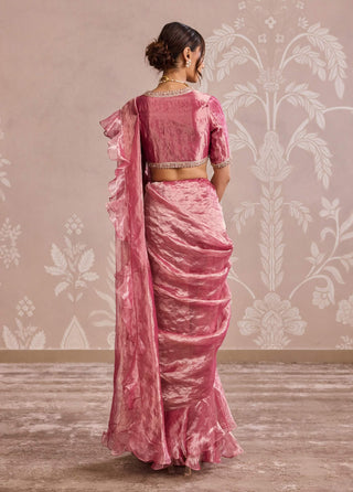 Fuchsia gold ruffled sari set