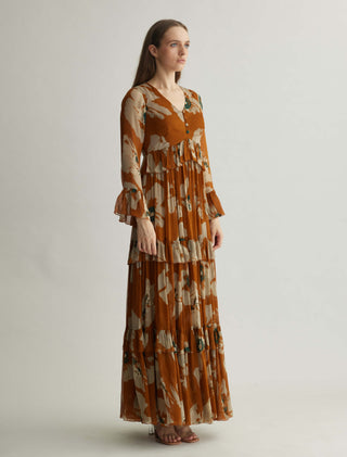 Rust And Beige Floral Long Dress by Koai available on Indiaspopup