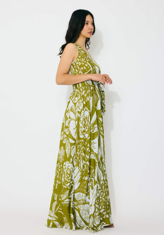 Leaf green and white floral sleeveless long dress