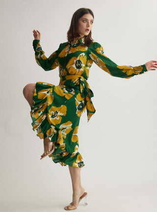 Green And Mustard Floral Shirt And Skirt by Koai available on Indiaspopup