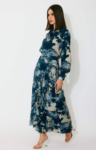Blue, indigo and beige toile print shirt and skirt