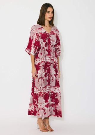 Peach, red and cream toile print kaftan dress