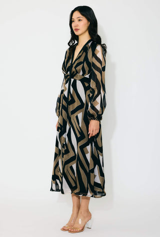 Gold, black and white pattern midi dress