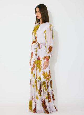Beige, mustard and hot pink floral shirt dress