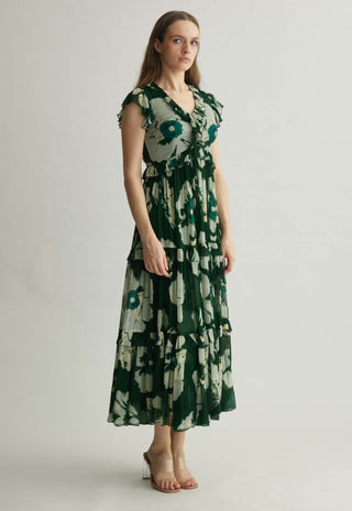 Green and beige floral midi dress