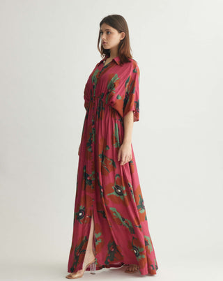 Red pink and mint floral long shirt dress