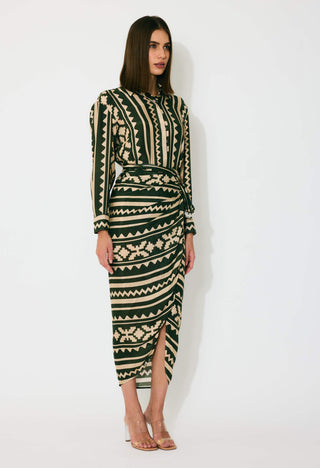 Dark green and cream pattern shirt and skirt