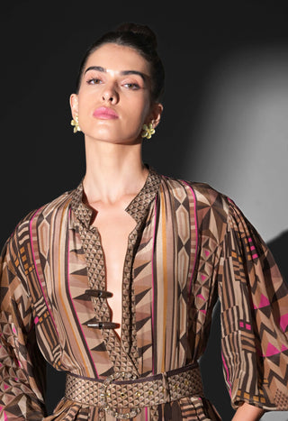 Geometric fuchsia placement print maxi dress and belt