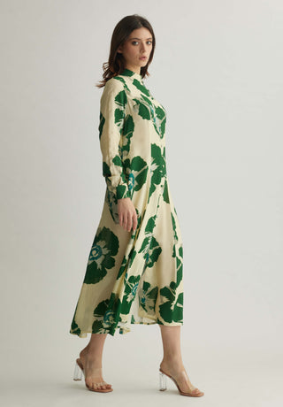 Beige and green floral long shirt dress