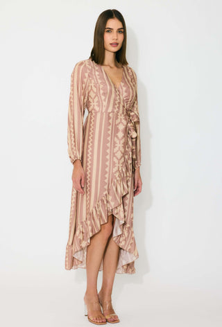 Peach and cream pattern wrap dress