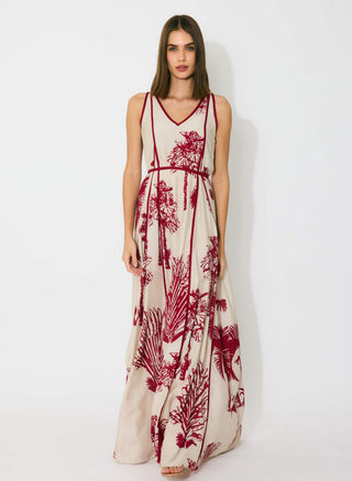 Beige and red floral sleeveless long dress