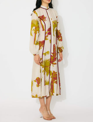 Beige, mustard and hot pink floral shirt dress