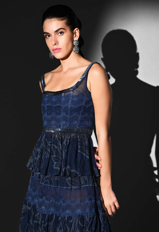 Indigo swirl print peplum top and tier skirt