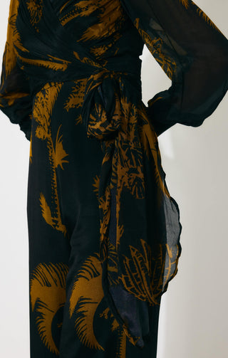 Black and gold floral wrap jumpsuit