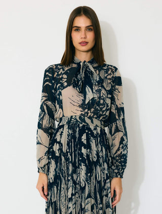 Blue and beige floral bow tie shirt and skirt