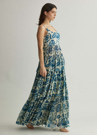 White blue floral long dress