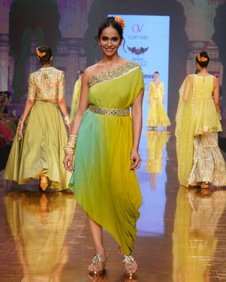 Gopi Vaid-Swastika Green One-Shoulder Dress And Belt-INDIASPOPUP.COM