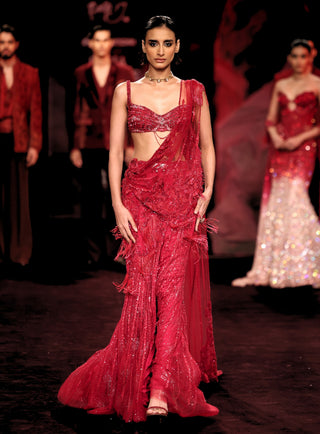 Lohini garnet wine draped sari set