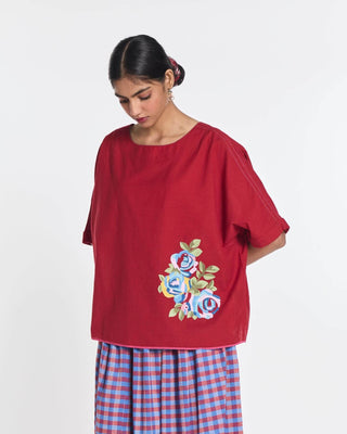 Cotton red primrose embroidered top