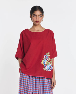 Cotton red primrose embroidered top