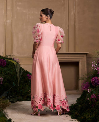 Rose Pink Embroidered Flounce Dress by Chandrima available on Indiaspopup