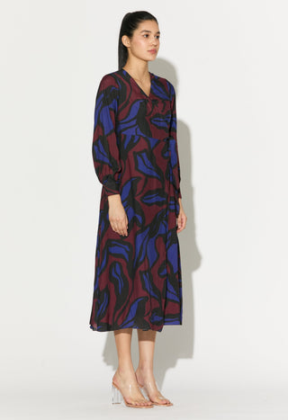 Blue maroon and black floral wrap dress
