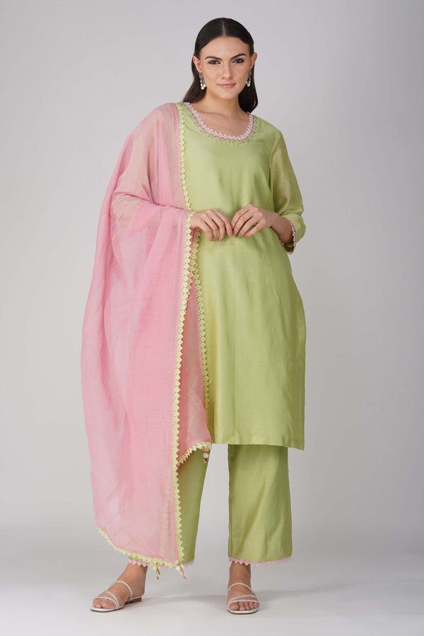 Devyani Mehrotra-Green Pink Straight Kurta Set-INDIASPOPUP.COM