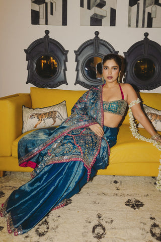 Teal chandi tilla tissue sari set