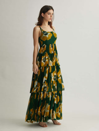 Green And Mustard Floral Sleeveless Long Dress by Koai available on Indiaspopup