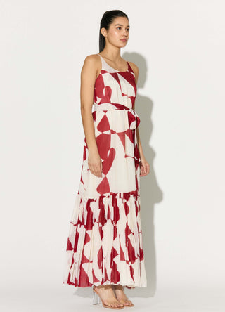 White and red abstract sleeveless long dress