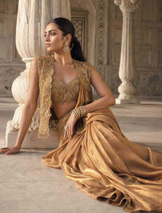 Kachanabari gold pre-draped sari with jacket and blouse