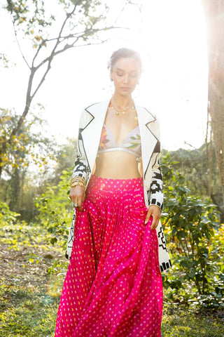 Pink bandhani pleated skirt and jacket set