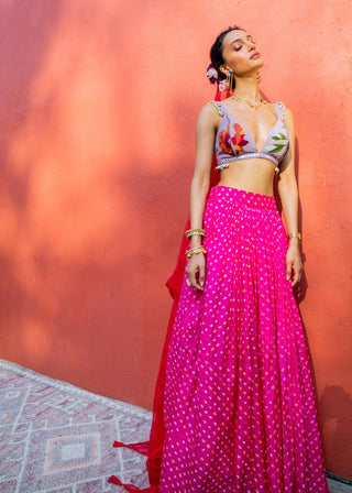 Pink bandhini skirt set